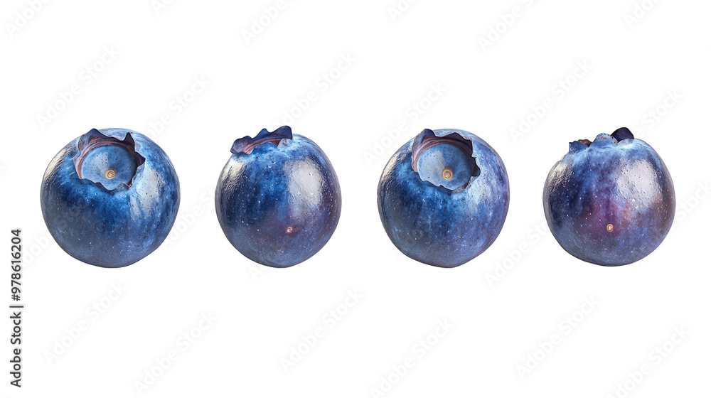 Four plump blueberries arranged in a row against a black background. They're a vibrant blue with a hint of purple, showcasing their natural beauty. Four plump blueberries arranged in a row against a black background. They're a vibrant blue with a hint of purple, showcasing their natural beauty.