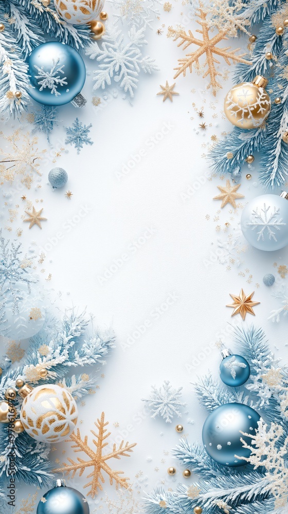 Elegant holiday border with frosty pine branches and blue and gold baubles, festive design with copy space Elegant holiday border with frosty pine branches and blue and gold baubles, festive design with copy space