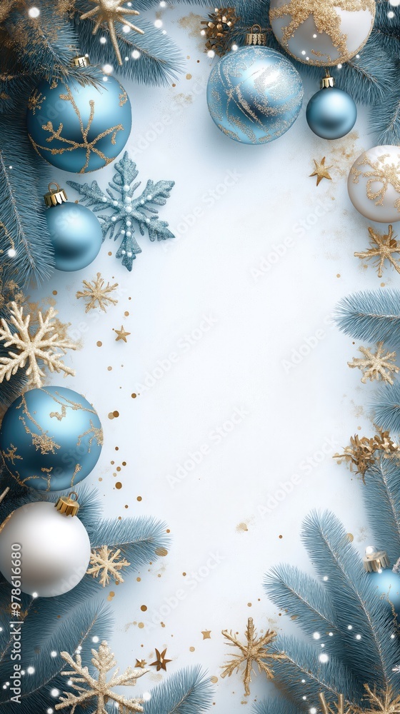 Fototapeta premium Festive Christmas border with blue and gold ornaments, frosted pine branches, and white background