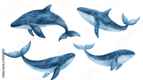 Four blue whales gracefully swim in the ocean, their bodies glistening with a starry pattern.