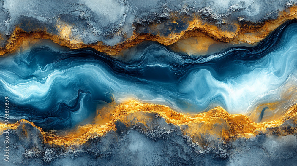 Abstract fluid art featuring vibrant blue and gold waves, creating a stunning visual experience and evoking deep emotions. Abstract fluid art featuring vibrant blue and gold waves, creating a stunning visual experience and evoking deep emotions.