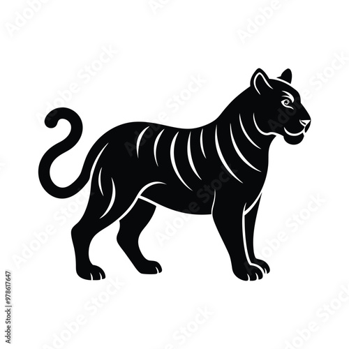 black tiger silhouette, stylized animal art, white stripes, sleek design, minimalist illustration, bold contrast, graphic art photo