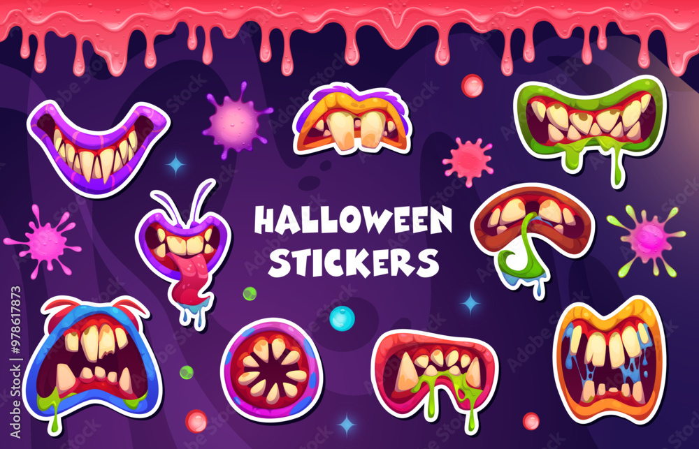 Φωτογραφία Stickers pack of Halloween monster mouth with drool jaws, dripping saliva and sticking tongues