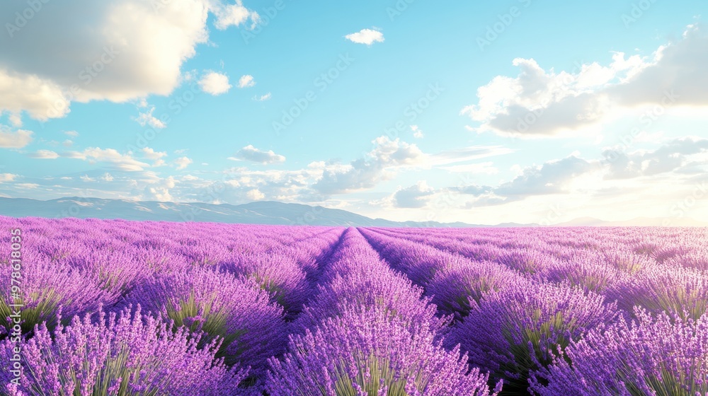 Obraz premium Vibrant lavender field under a calm blue sky, flowers leading into the distance, ideal for relaxation themes, on solid white background, single object