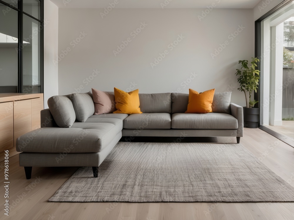 A Modern Sectional Sofa with Cushions in a Minimalist Living Room A Modern Sectional Sofa with Cushions in a Minimalist Living Room