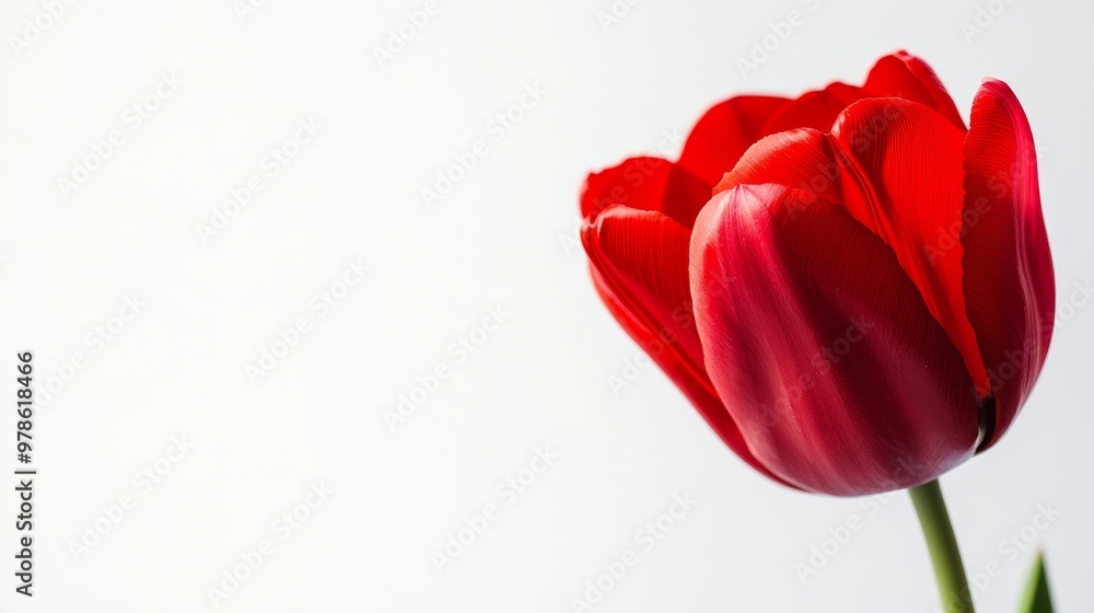 Vivid red tulip flower isolated on white background, soft shadows, ideal for modern design, plenty of copy space Vivid red tulip flower isolated on white background, soft shadows, ideal for modern design, plenty of copy space