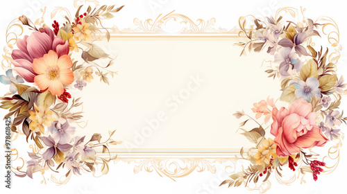 Vintage floral frame with flowers and leaves. Hand drawn photo