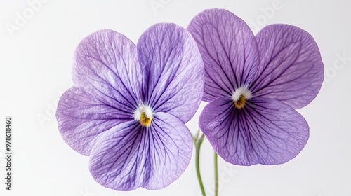 Vivid purple violet flower in macro, soft green background, delicate details, on solid white background, single object