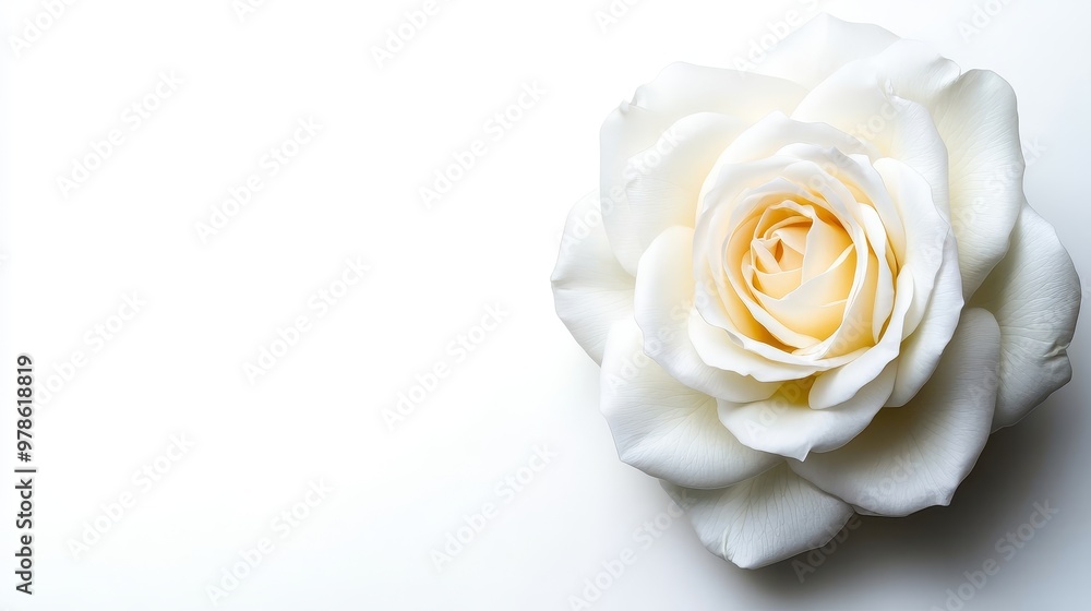 White rose in full bloom, isolated on a solid white background, perfect for wedding or luxury branding White rose in full bloom, isolated on a solid white background, perfect for wedding or luxury branding
