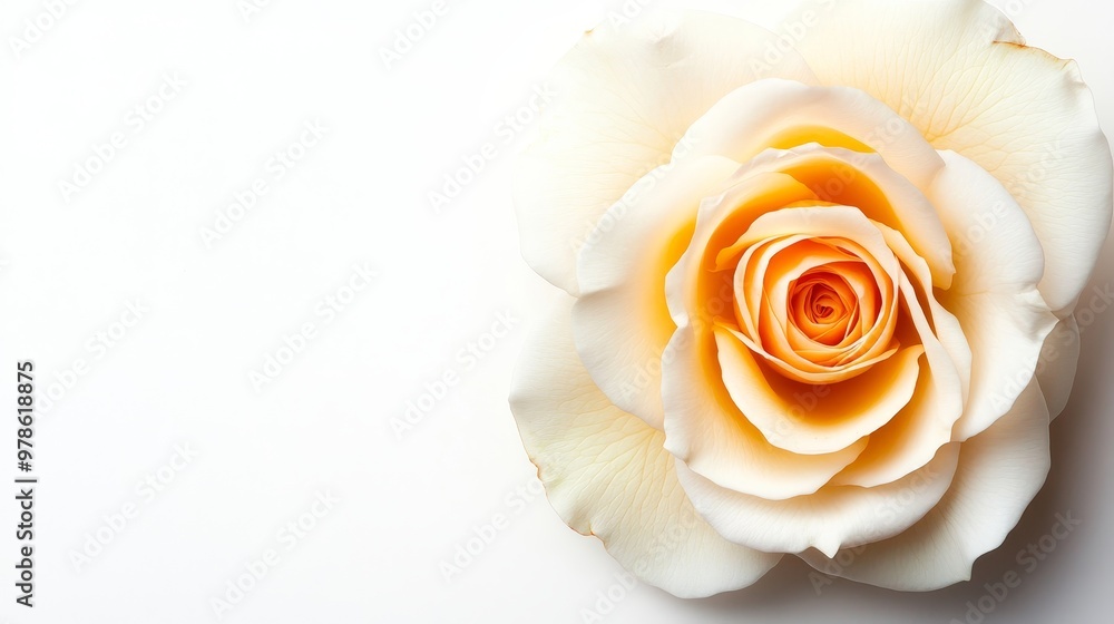 White rose in full bloom, isolated on a solid white background, perfect for wedding or luxury branding White rose in full bloom, isolated on a solid white background, perfect for wedding or luxury branding