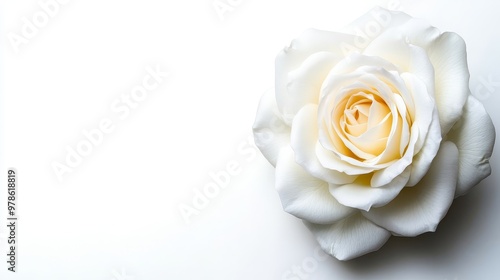 White rose in full bloom, isolated on a solid white background, perfect for wedding or luxury branding