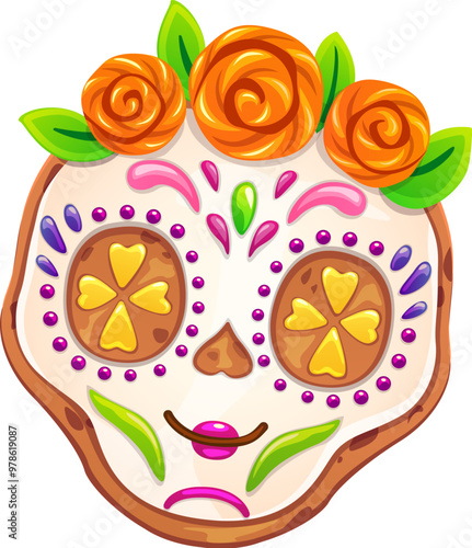 Dead Day and Dia de Los Muertos Mexican holiday skull cookie biscuit or cake, cartoon vector. Mexican calavera skull cookie with caramel marigold flowers for sweet pastry dessert on Dead Day holiday