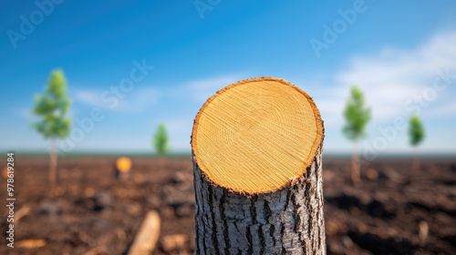 A close-up view of a freshly cut tree stump against a blue sky, showcasing the natural texture and layers of wood.