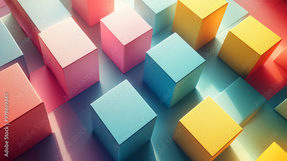 Obraz premium Vibrant 3D cubes in various colors creating a dynamic and artistic layout. Perfect for modern design and abstract themes.