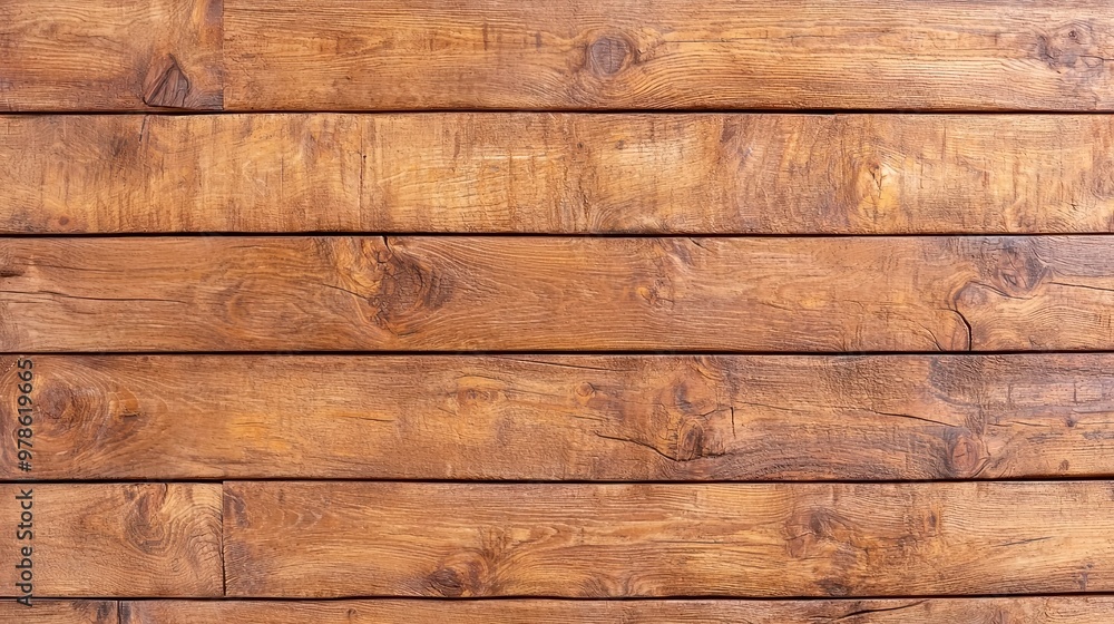 Naklejka premium Medium Brown Weathered Wood Surface, Horizontal planks stacked, showcasing a rustic texture perfect for backgrounds in design projects or as an inviting table surface