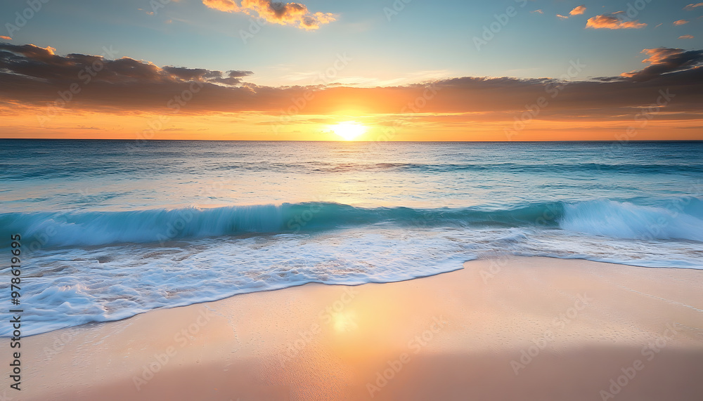 Fototapeta premium Crystal-clear turquoise waters with gentle waves lapping at a pristine beach under a golden sunset