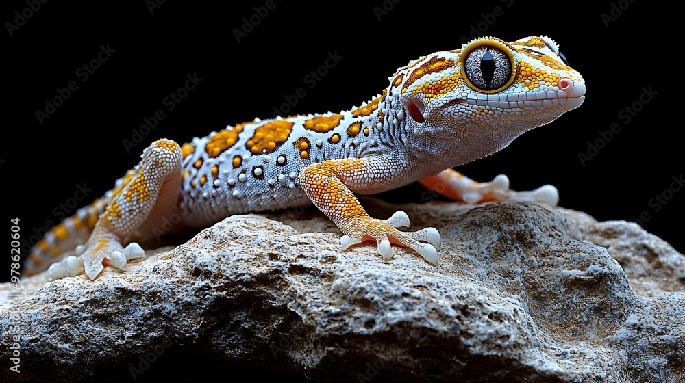 Obraz premium A leopard gecko, with white, orange, and black spots, perches on a rock, looking to the right, against a black background.