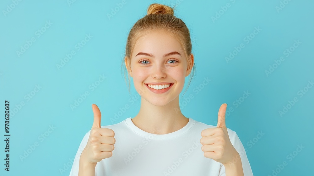 Cheerful Fair-Haired Student Celebrating Success, Bright Smile with Thumbs-Up Gesture, Exuding Confidence and Joy, Capturing Achievement and Positivity in a Welcoming Environment Cheerful Fair-Haired Student Celebrating Success, Bright Smile with Thumbs-Up Gesture, Exuding Confidence and Joy, Capturing Achievement and Positivity in a Welcoming Environment