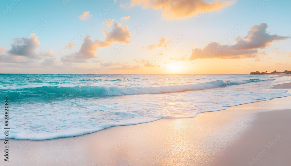 Crystal-clear turquoise waters with gentle waves lapping at a pristine beach under a golden sunset Crystal-clear turquoise waters with gentle waves lapping at a pristine beach under a golden sunset