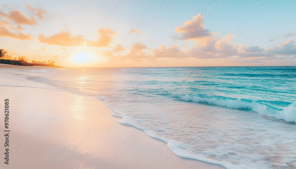 Fototapeta premium Crystal-clear turquoise waters with gentle waves lapping at a pristine beach under a golden sunset