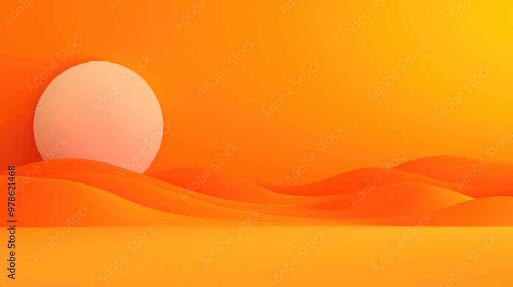 Obraz premium A serene landscape featuring rolling orange hills and a large luminous sun, creating a warm and tranquil atmosphere.