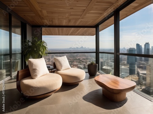 Modern Balcony with City Skyline Views and Stylish Furniture