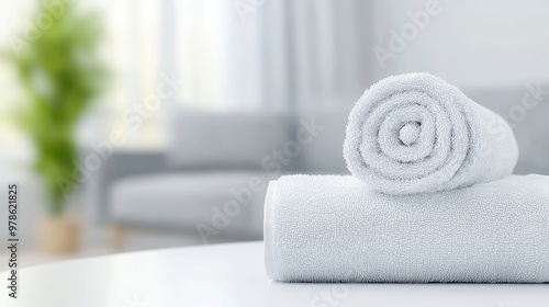 White towels neatly arranged on a pristine table, inviting comfort and cleanliness, with a softly blurred living room creating a serene atmosphere.