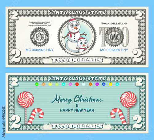 Vector holiday banknote or flyer. Obverse and reverse of 2 dollars bill. Funny cartoon snowmen. Merry Christmas and Happy New Year. Play money. Two dollars. Candies and garlands.
