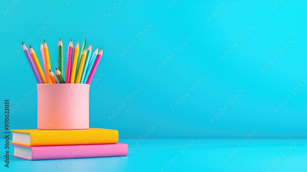 Fototapeta premium A vibrant arrangement of colorful pencils in a pink holder on stacked books against a blue background, ideal for educational themes.