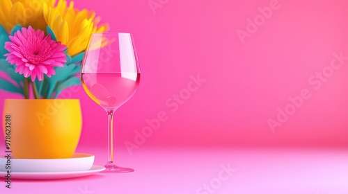 A vibrant composition featuring colorful flowers in a pot and a glass of wine, set against a bright pink backdrop.