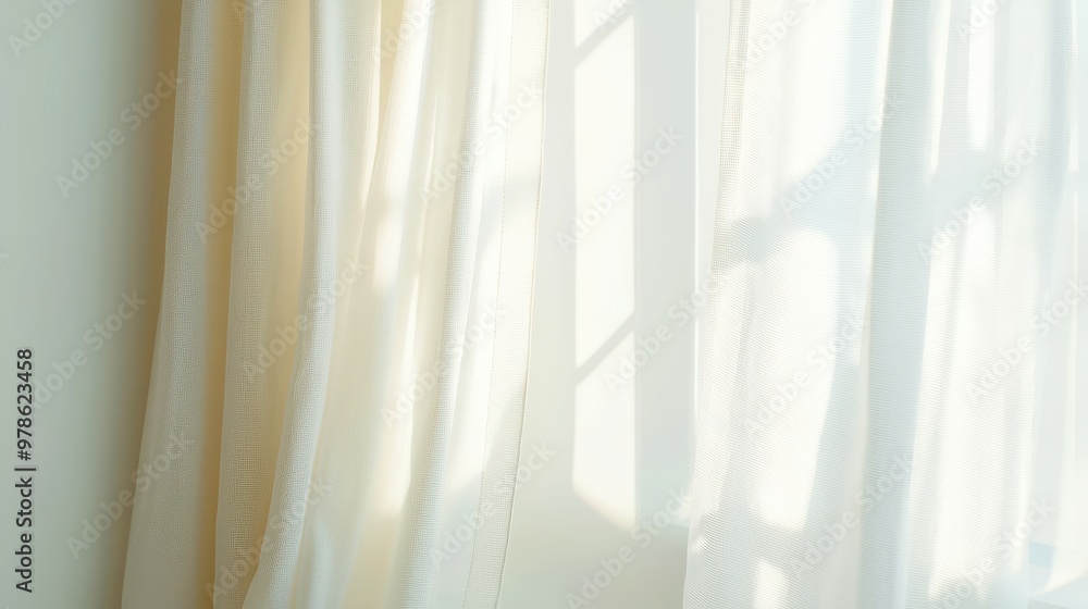 Obraz premium Sunlit Room with Draped Curtain, a serene interior featuring a softly illuminated window, delicate fabric swaying gently, inviting a calm and airy atmosphere.