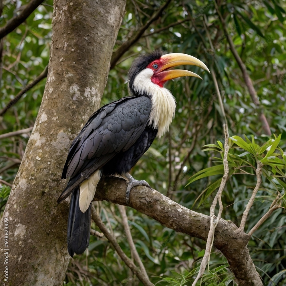 Hornbill bird sitting on the tree in forest stock photo Hornbill bird sitting on the tree in forest stock photo
