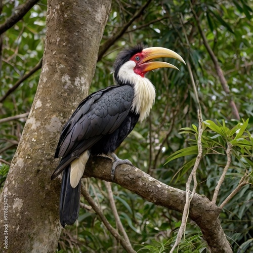 Hornbill bird sitting on the tree in forest stock photo
