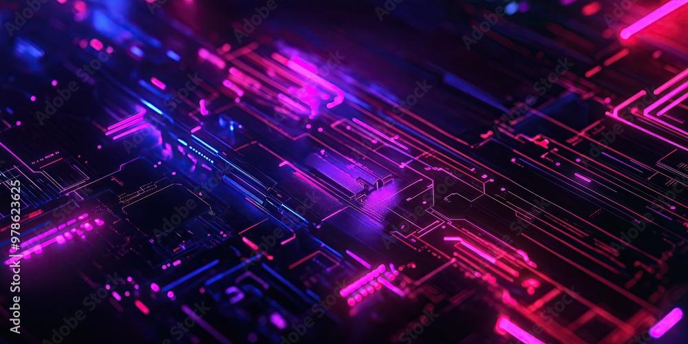 Neon Glowing Tech Lines in Dark Background, Futuristic Circuit Board Design for Header or Banner Neon Glowing Tech Lines in Dark Background, Futuristic Circuit Board Design for Header or Banner