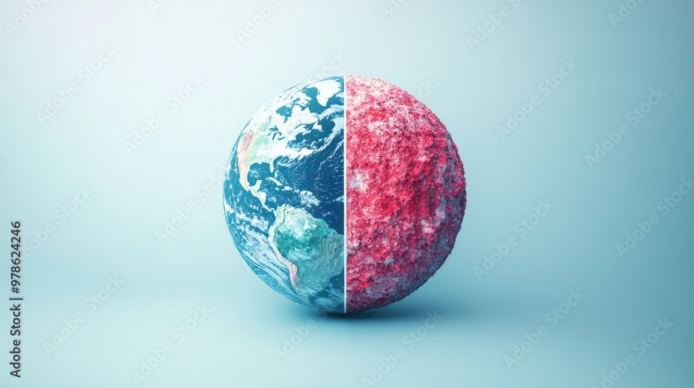 A visually striking globe split in half, showcasing contrasting textures and colors representing earth and another planet. A visually striking globe split in half, showcasing contrasting textures and colors representing earth and another planet.