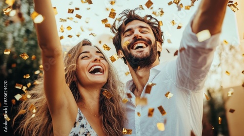 A man and woman are throwing confetti in the air, both smiling and laughing