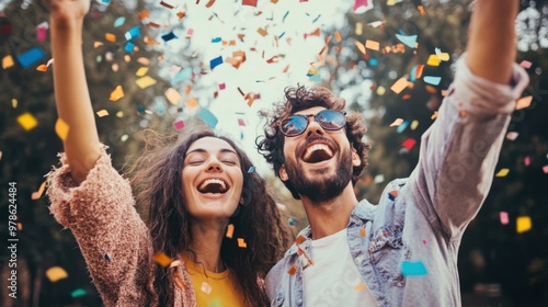 A man and woman are throwing confetti in the air, both smiling and laughing