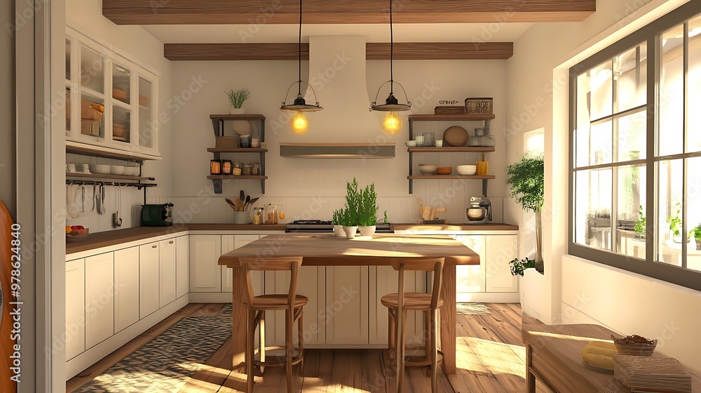 Modern kitchen with wooden cabinets, island, and large windows. Modern kitchen with wooden cabinets, island, and large windows.