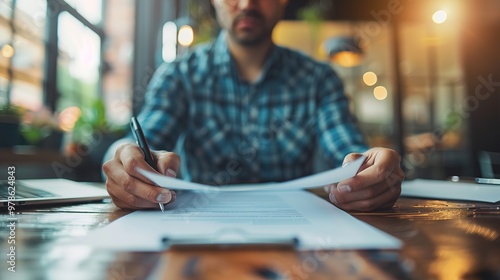 A businessman sitting at a desk, holding a pen while thoughtfully reviewing a document, symbolizing a business buyout.Corporate,professional,business,deal,merger and acquisition,private equity.AI.