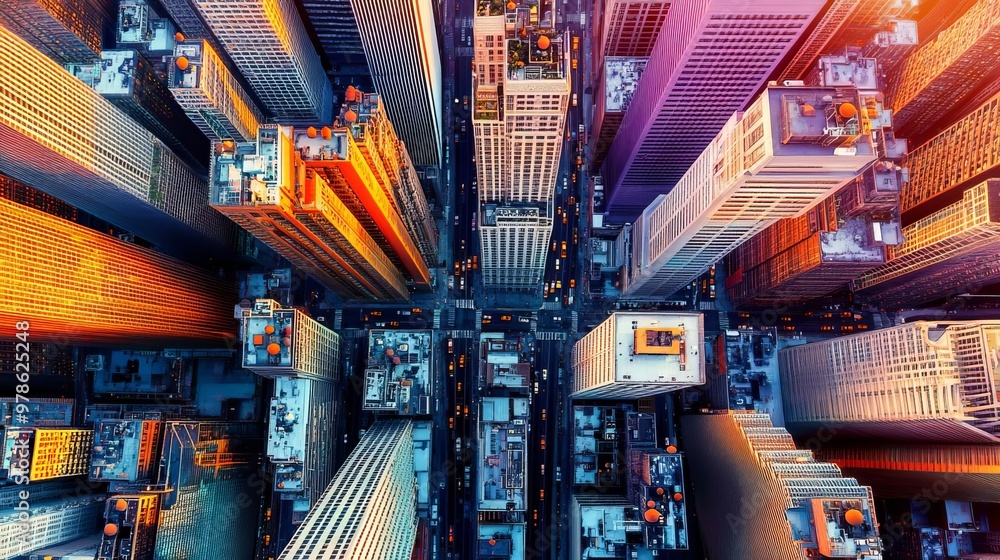 Obraz premium Aerial view of a bustling cityscape at sunset