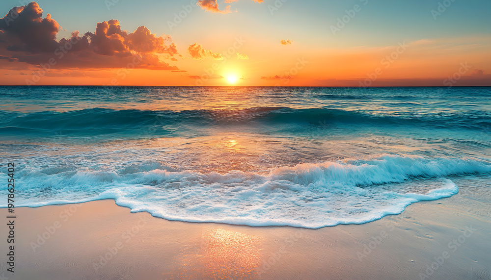 Obraz premium Crystal-clear turquoise waters with gentle waves lapping at a pristine beach under a golden sunset