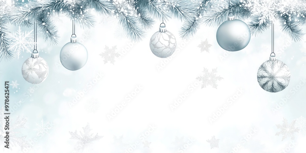 Winter holiday background with silver Christmas baubles and snow-covered branches, copy space Winter holiday background with silver Christmas baubles and snow-covered branches, copy space