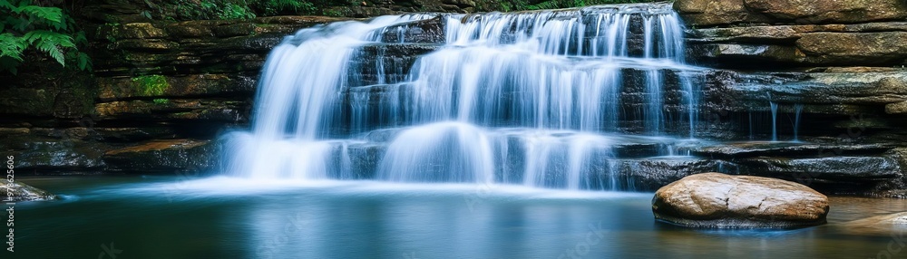 An ethereal waterfall cascading from floating rocks An ethereal waterfall cascading from floating rocks