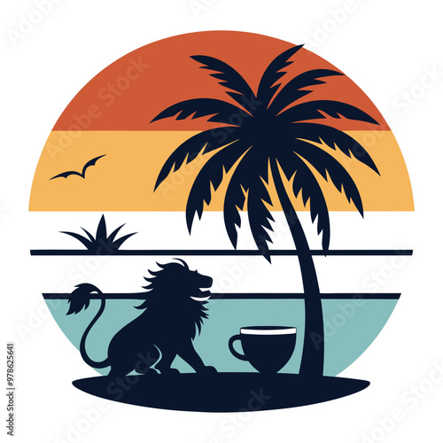 tropical island lionand cup with trees T-shirt design