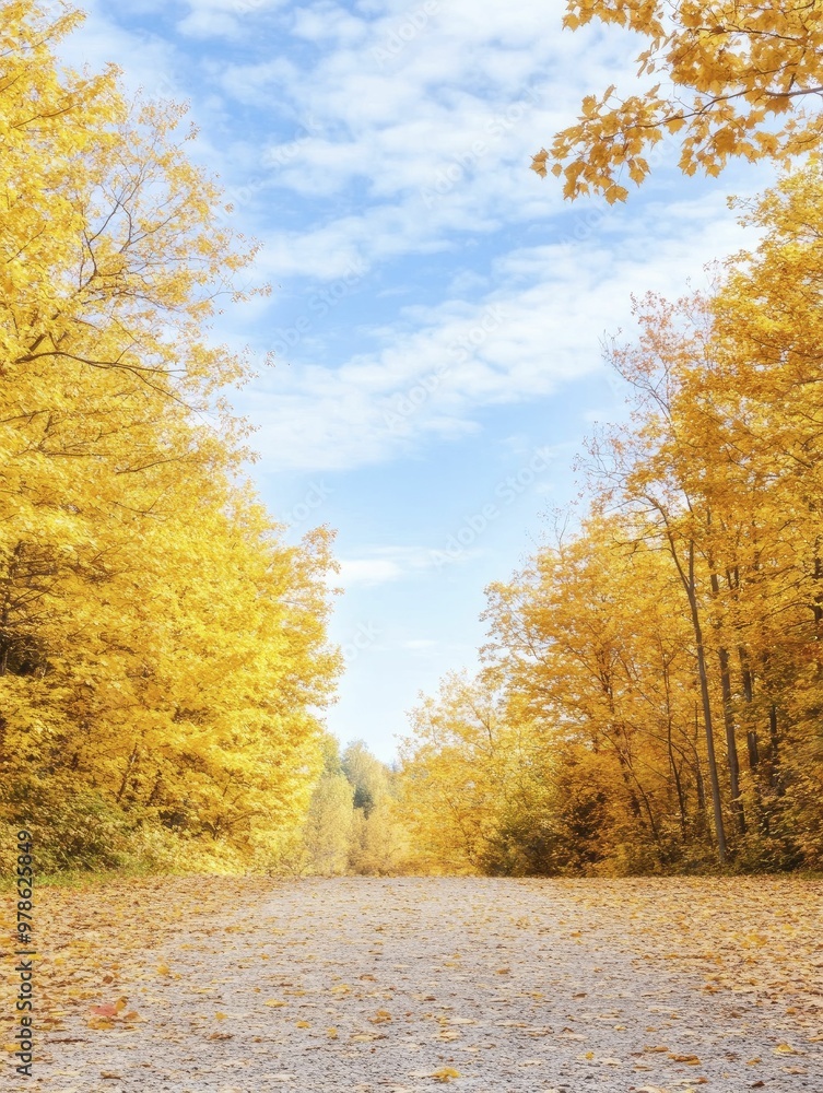 Serene Autumn Roadway: A Scenic Route Surrounded by Vibrant Fall Foliage and Golden Leaves Under a Clear Blue Sky Serene Autumn Roadway: A Scenic Route Surrounded by Vibrant Fall Foliage and Golden Leaves Under a Clear Blue Sky