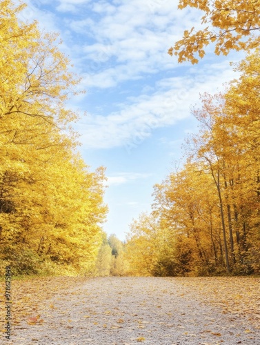 Serene Autumn Roadway: A Scenic Route Surrounded by Vibrant Fall Foliage and Golden Leaves Under a Clear Blue Sky