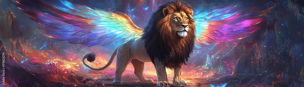 A majestic lion adorned with ethereal wings A majestic lion adorned with ethereal wings