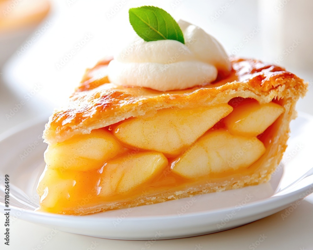 Delicious apple pie slice topped with whipped cream and mint, perfect for dessert lovers and autumn gatherings. Delicious apple pie slice topped with whipped cream and mint, perfect for dessert lovers and autumn gatherings.