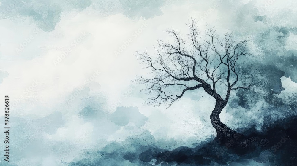 A solitary tree stands against a moody, misty background in soft watercolor hues, evoking a sense of calm and introspection. A solitary tree stands against a moody, misty background in soft watercolor hues, evoking a sense of calm and introspection.