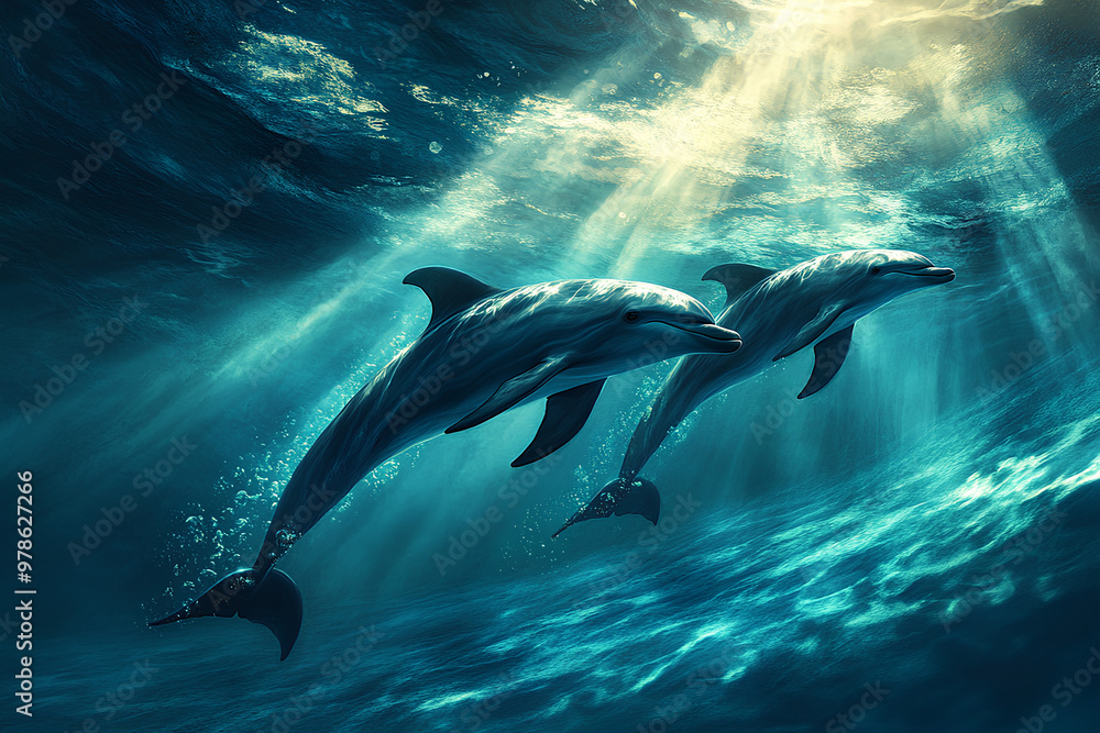Fototapeta premium Two dolphins swimming gracefully in illuminated ocean waters.